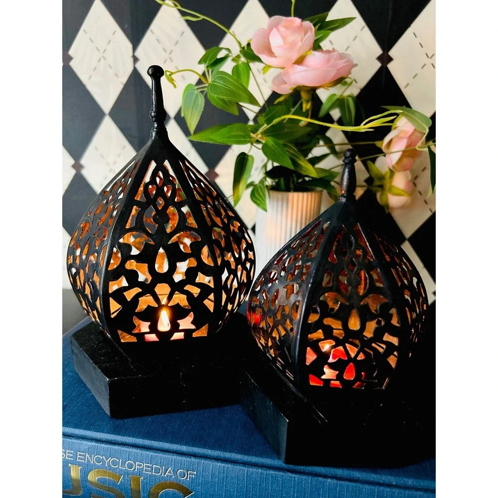 Moroccan Lantern Candleholders Black Pierced Metal Decor Pair